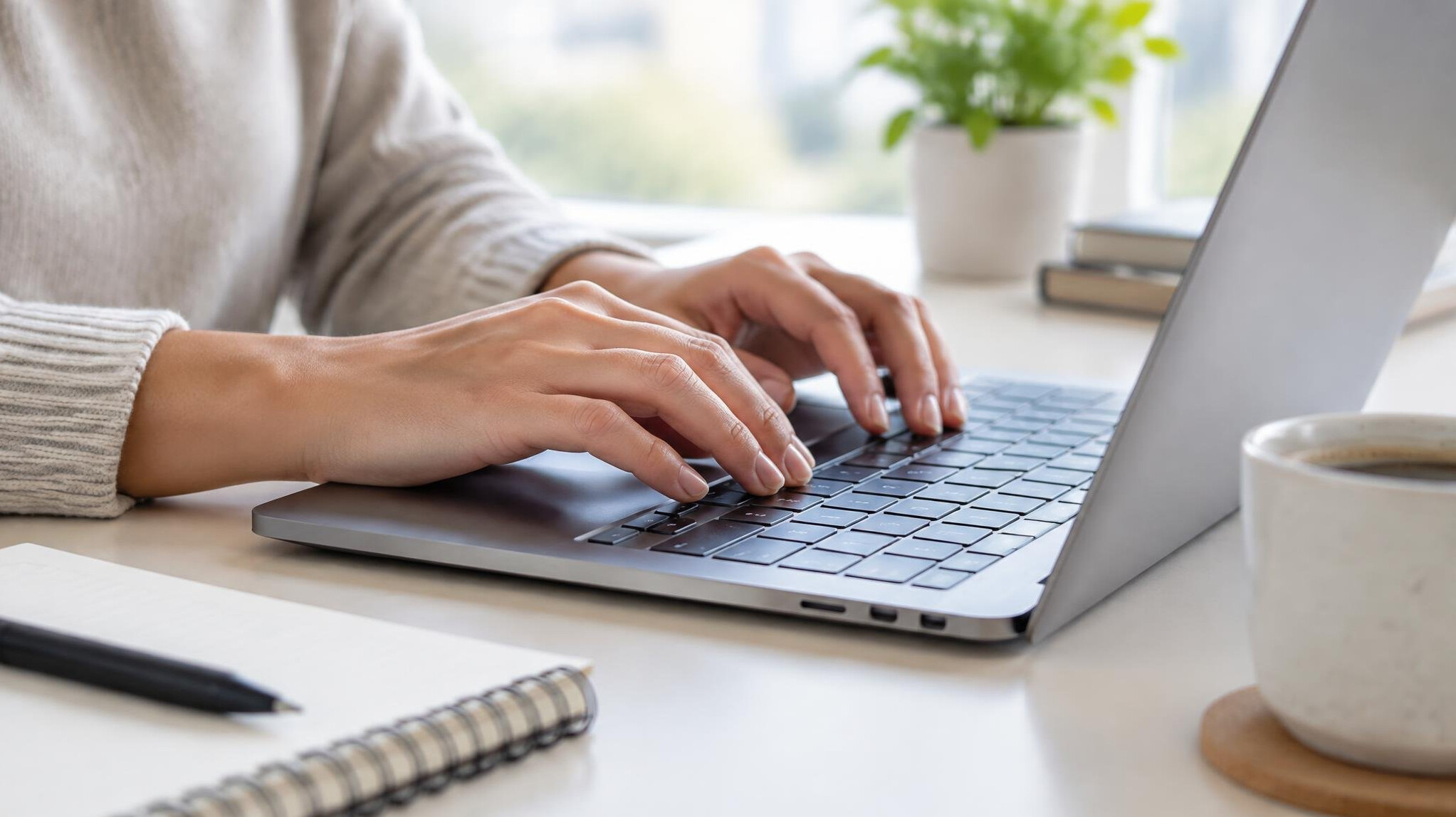 Person typing on a laptop while studying business materials