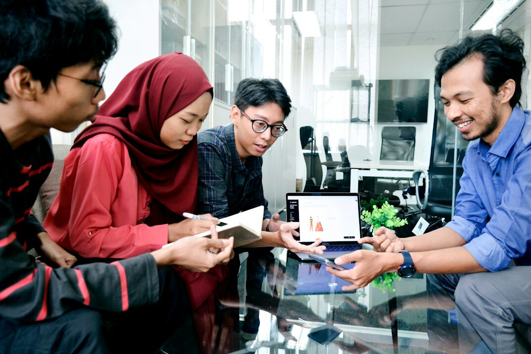 group of professionals studying