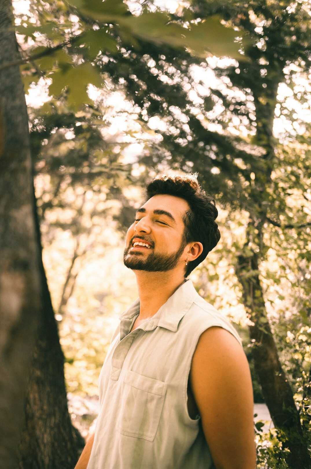 manager practicing mindfulness in forest
