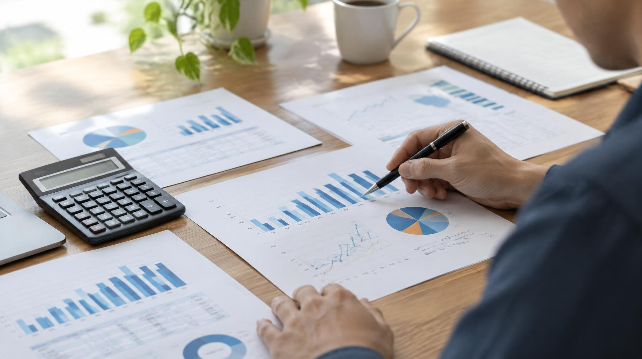 Desk with printed charts and documents under review